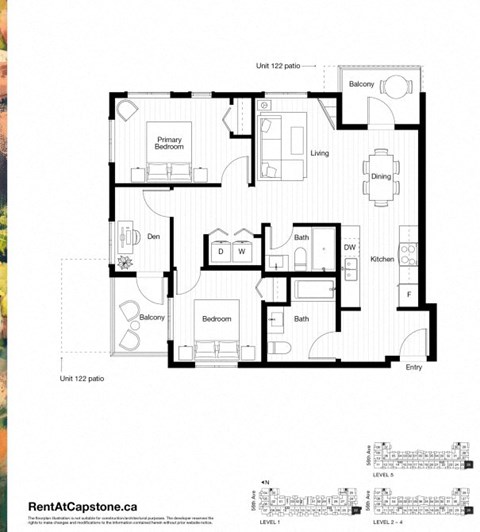 A black and white image of a floor plan for a two-bedroom apartment.